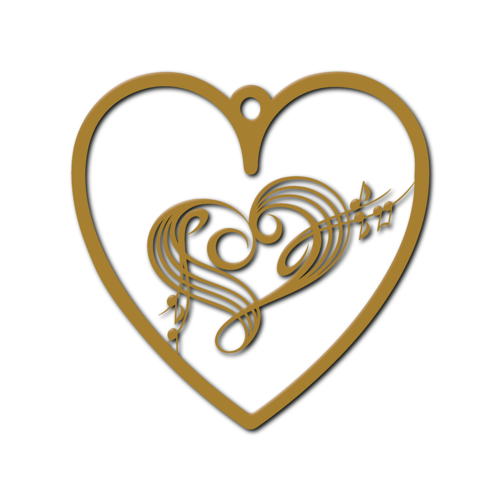 A heart-shaped earring outline enclosing flowing musical notes and a top hanging hole