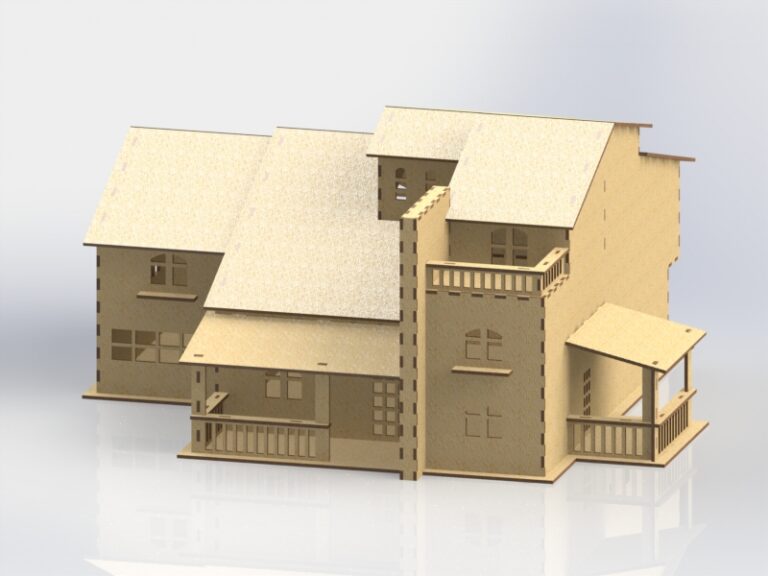 Wood-colored house model rendering with several gables, small balconies and a covered porch