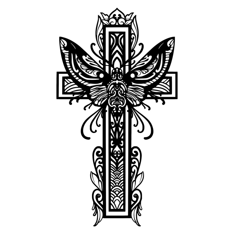 Decorative black cross with butterfly-like upper wings and dense scrollwork