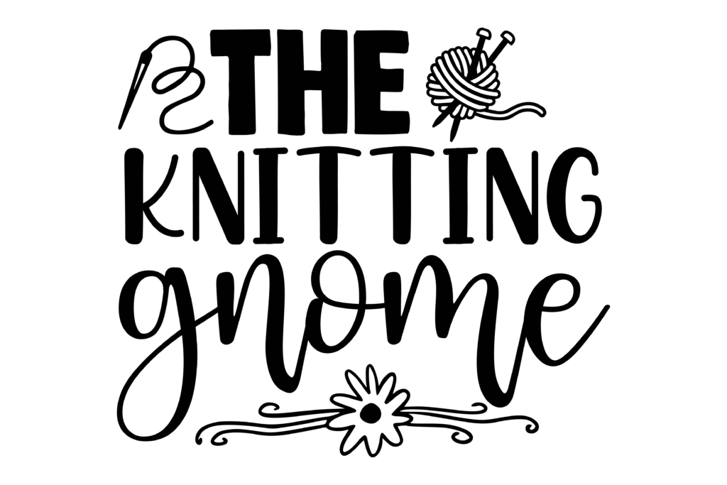 The Knitting Gnome lettering with a yarn ball, needles and a lower flower