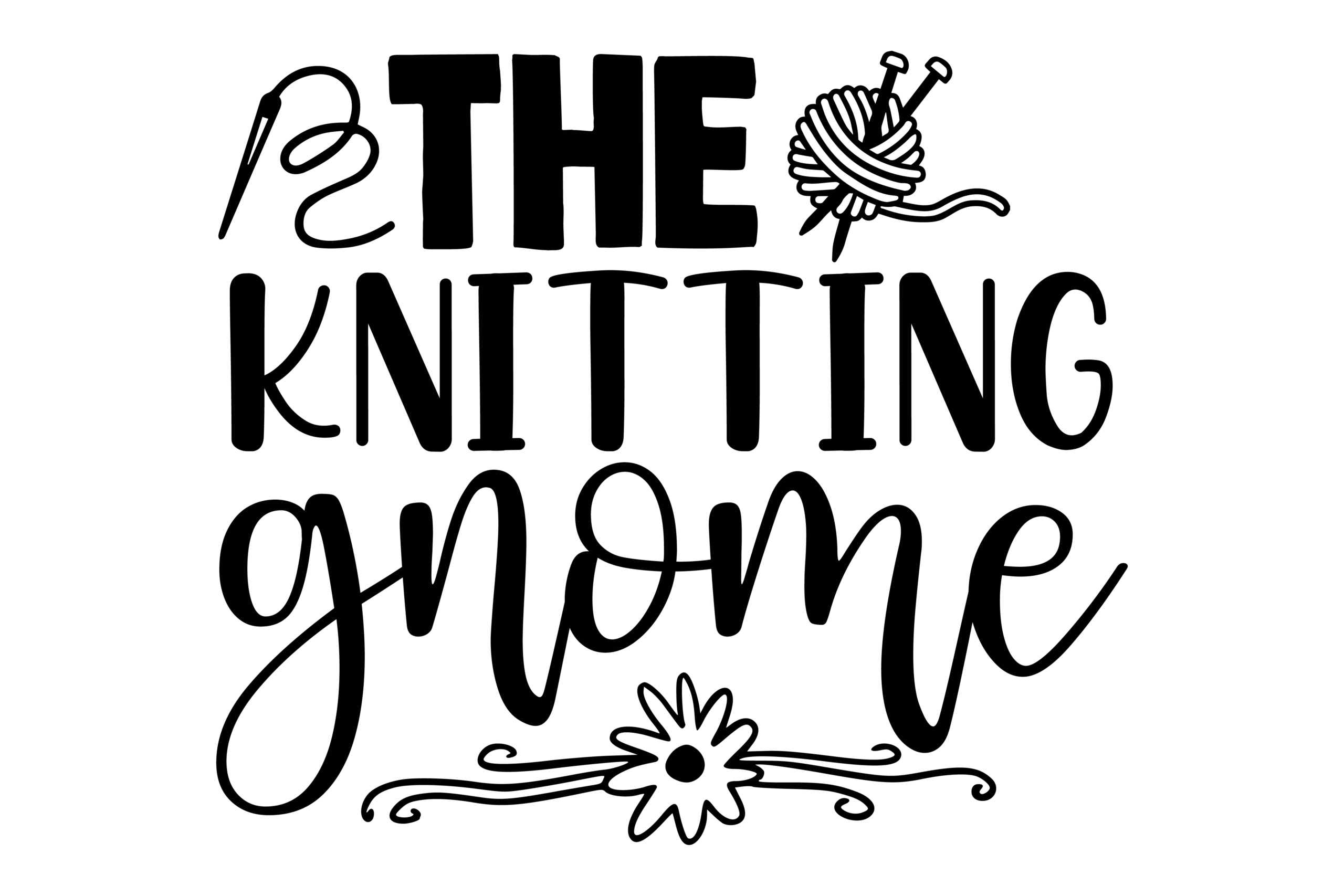 The Knitting Gnome lettering with a yarn ball, needles and a lower flower