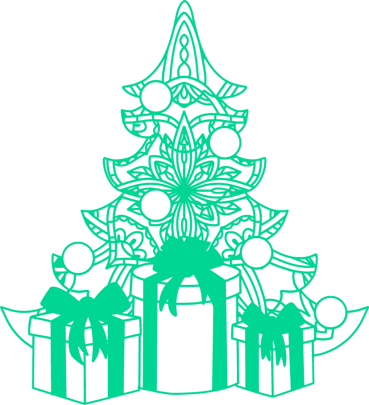 A green ornamental Christmas tree with round baubles, scrollwork and gift boxes