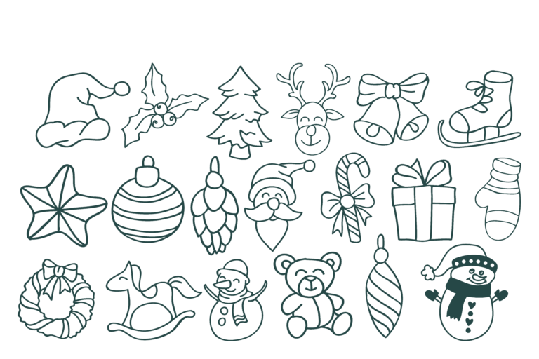Christmas outline motifs including a tree, reindeer, gifts, ornaments and snowmen