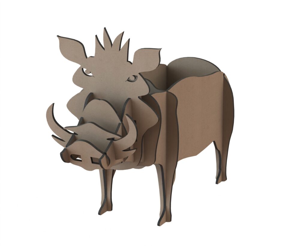 Brown boar-shaped organizer rendering with curved open compartments and protruding tusks