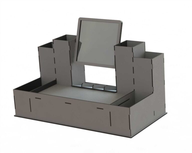 Compartmented desktop organizer with a central upright mirror panel