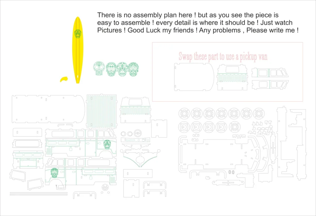 Cut-file preview for a T1-style van assembly puzzle