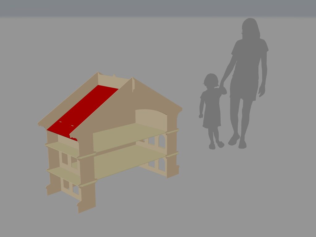 Open-front multi-level dollhouse rendering with a red roof panel