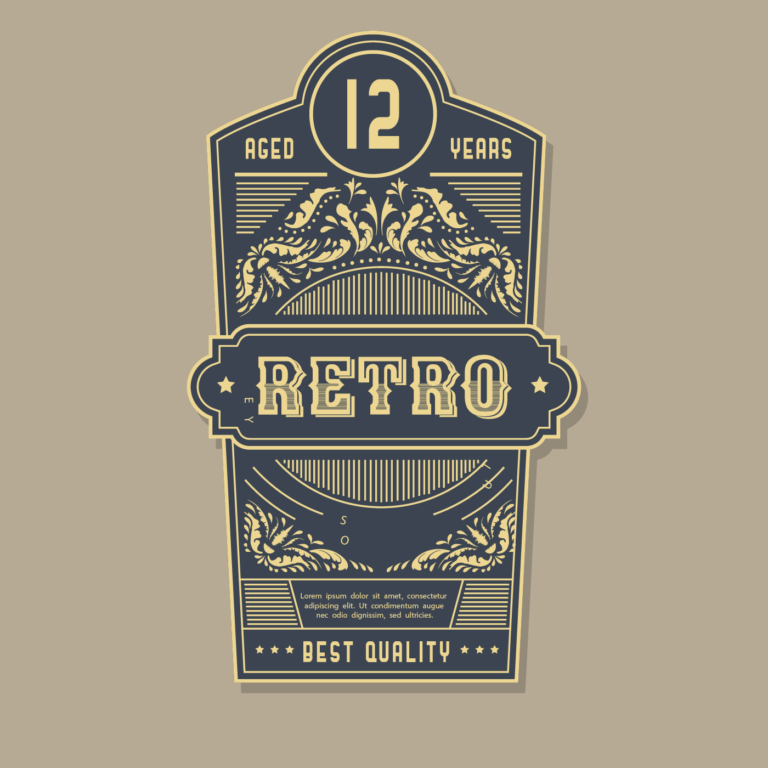 Ornate gold retro label with a large 12, scrollwork, stars and a central Retro banner