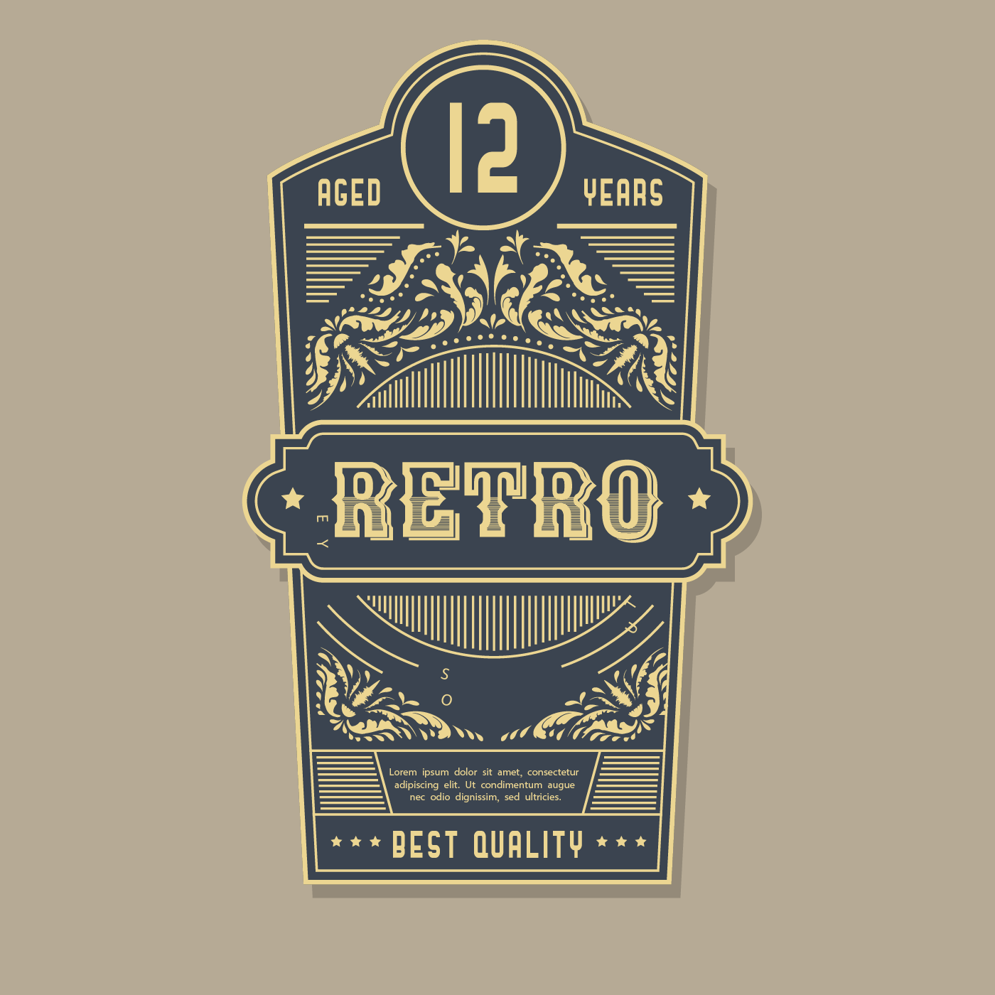 Ornate gold retro label with a large 12, scrollwork, stars and a central Retro banner