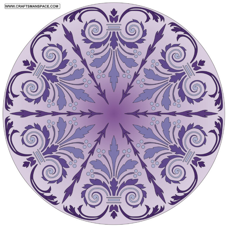 A pale purple circular medallion with repeated pointed leaves and curling scrolls