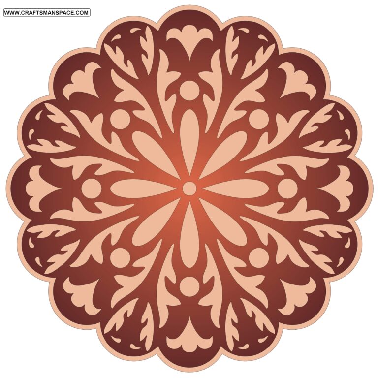 A scalloped circular floral medallion with repeated leaves and a small central flower