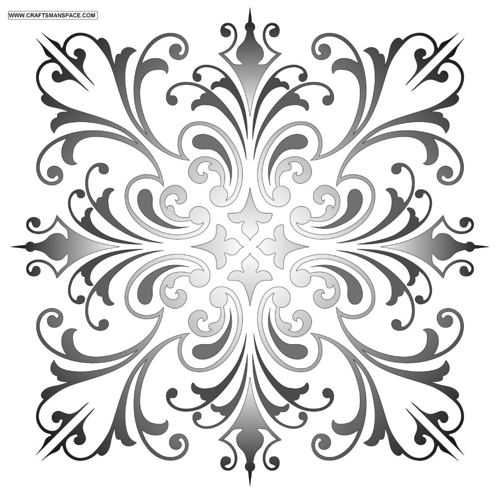 Black square ornament with mirrored corner foliage and a small central star