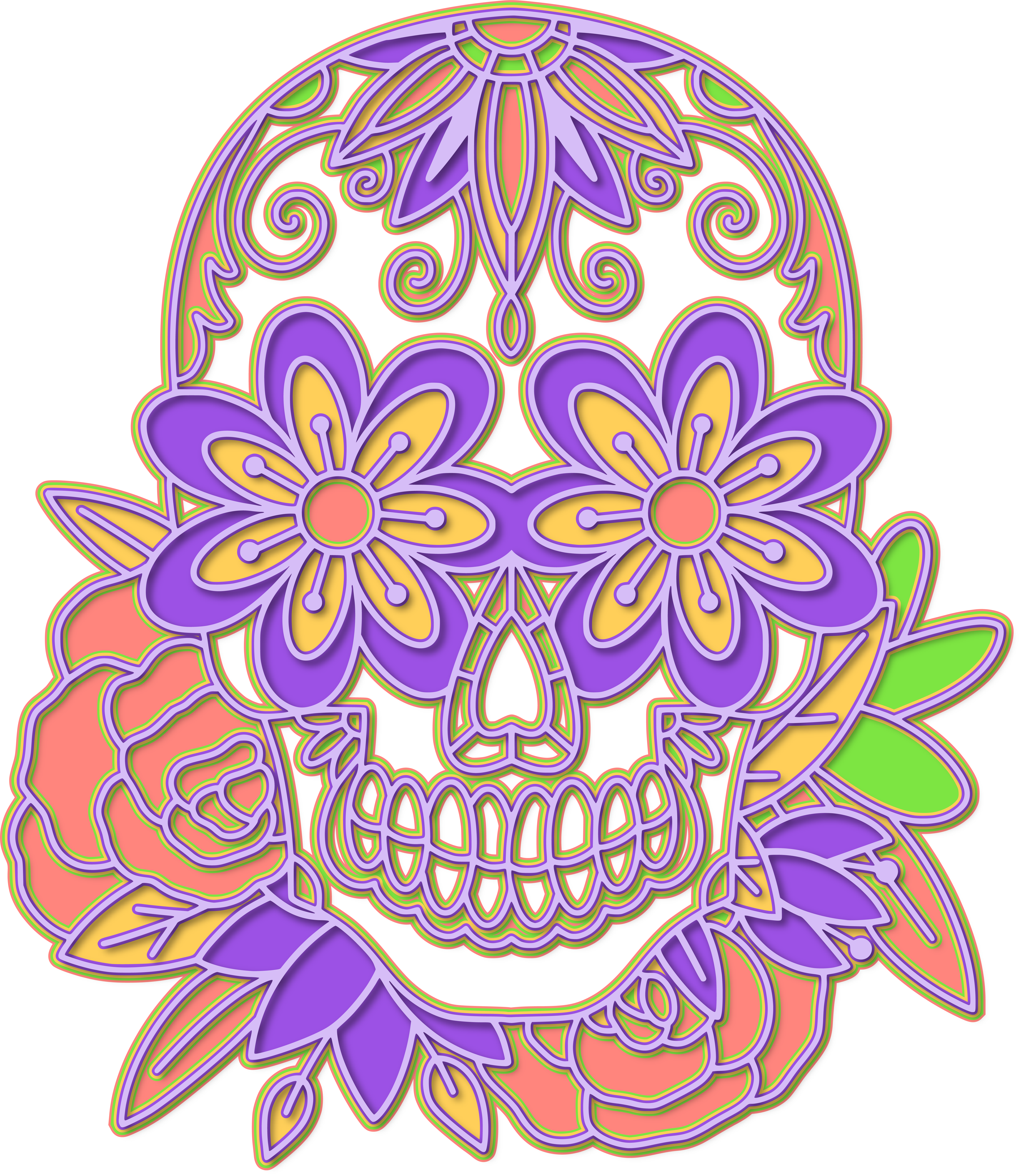 Decorative skull with flower eyes, roses and purple ornamental scrollwork