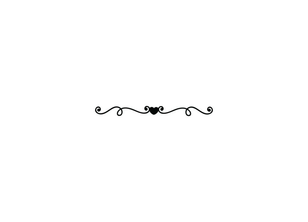 Symmetrical black flourish divider with curled ends and a small center heart