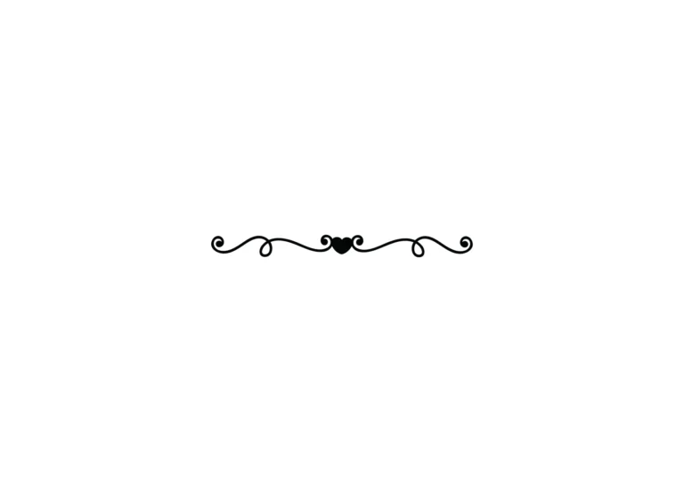 Symmetrical black flourish divider with curled ends and a small center heart