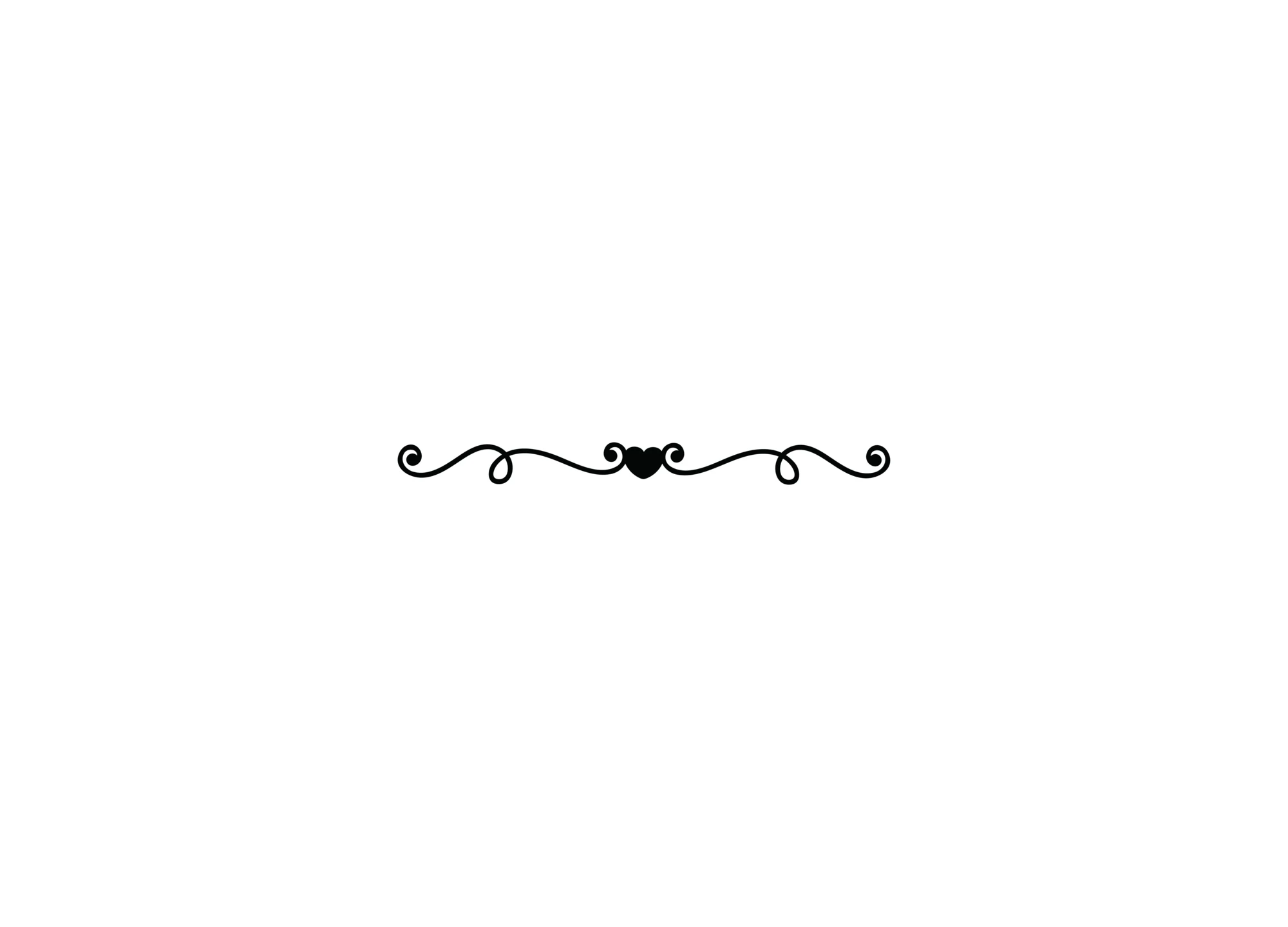 Symmetrical black flourish divider with curled ends and a small center heart