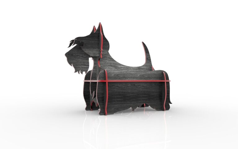 Black terrier-shaped miniature shelf model with intersecting support panels
