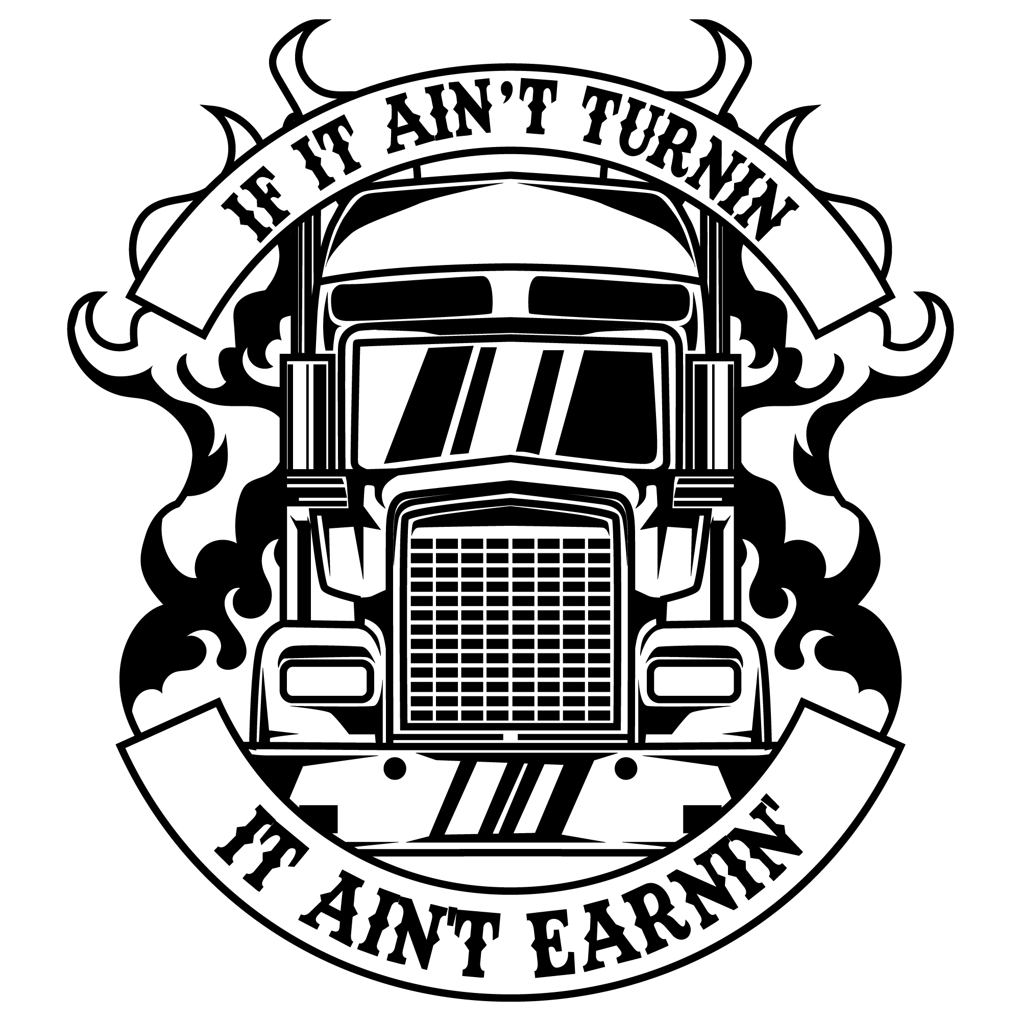 Front-facing semi truck inside a circular quote badge with flame accents