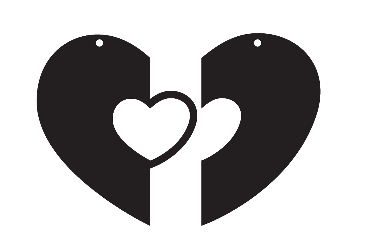 Two matching heart keychain halves with top ring holes and a central heart opening