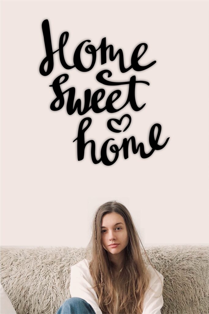 Black Home Sweet Home script lettering with a small heart