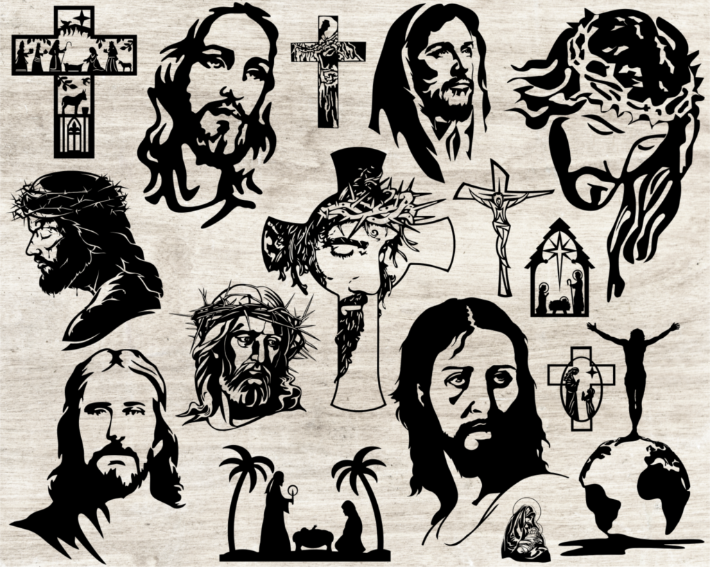 A collage of Christian wall silhouettes showing crosses, portraits and crucifixion scenes