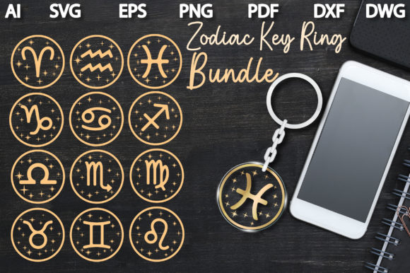 Twelve circular zodiac keychain symbols with small star accents and a sample key ring