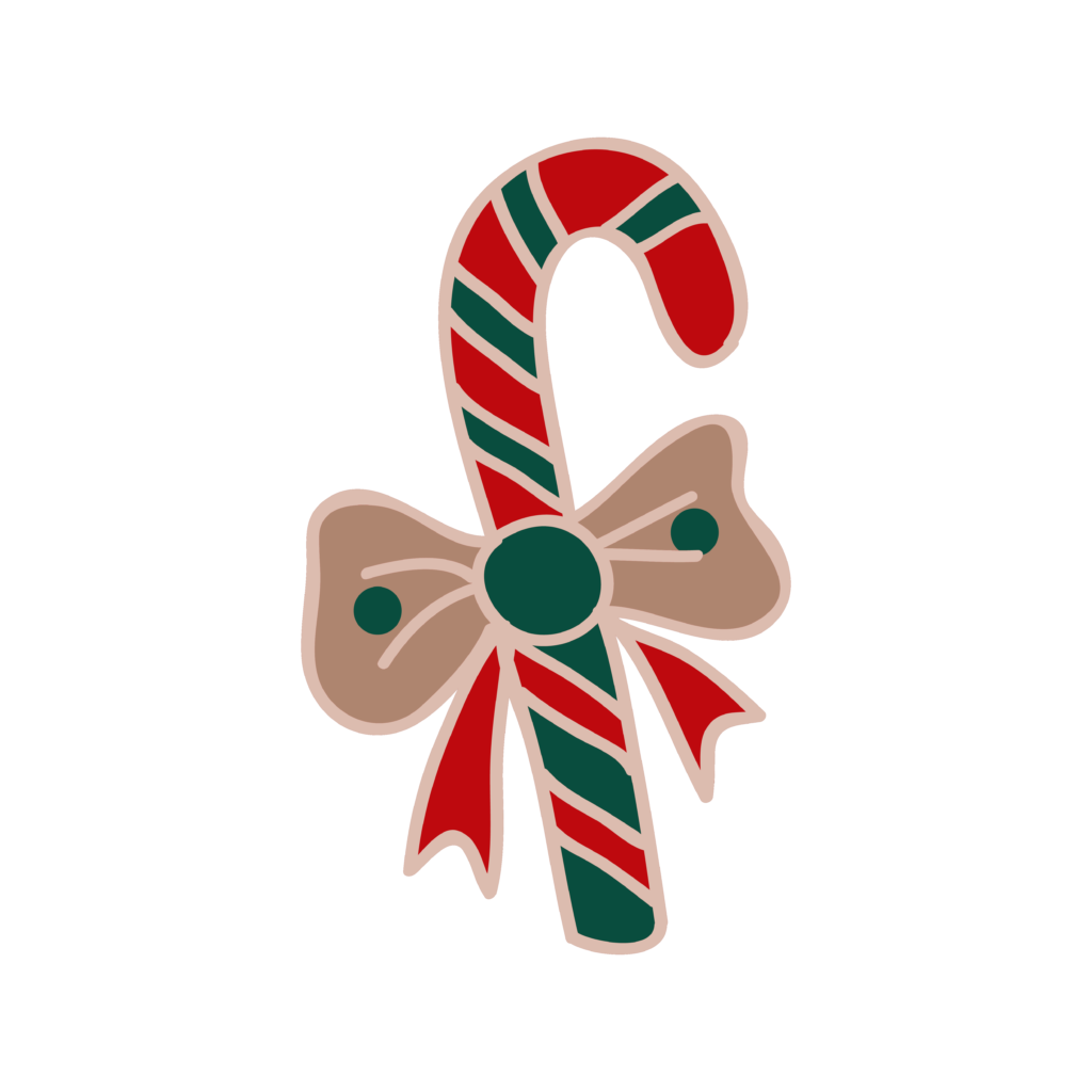Striped red and green candy cane ornament with a large ribbon bow