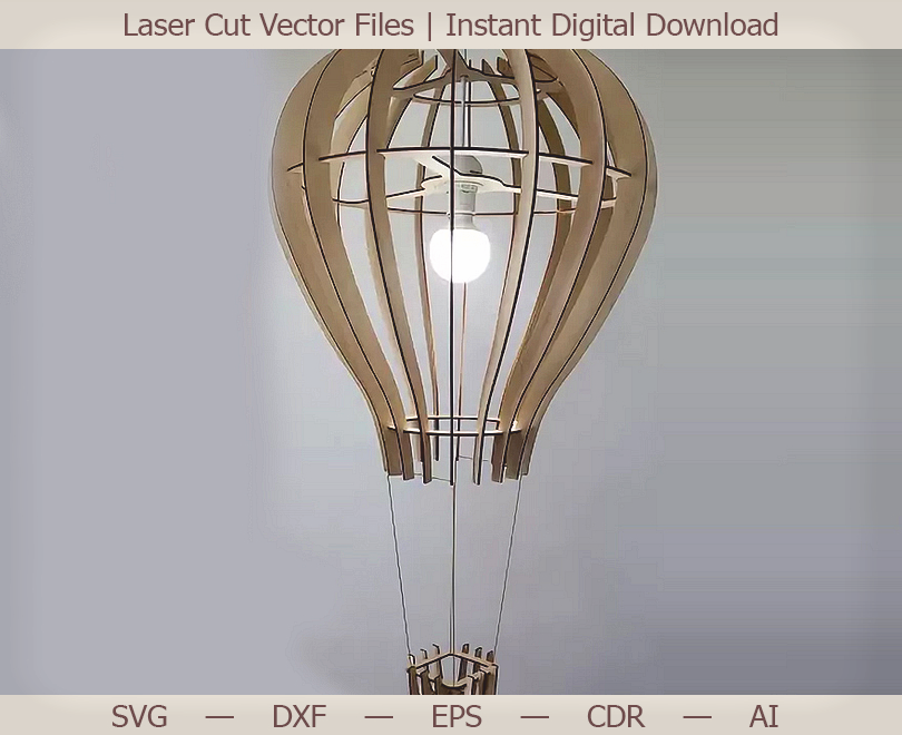 Wood-ribbed hot-air-balloon-shaped pendant shade with a small basket below