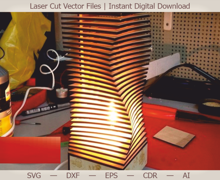 Tall illuminated lamp with rotating square layers forming a twisting profile